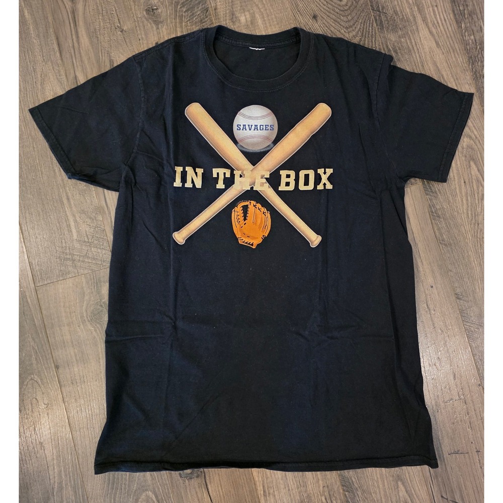 Men sz L Savages In The Box Baseball Graphic T-Shirt Black Short Sleeve Crewneck